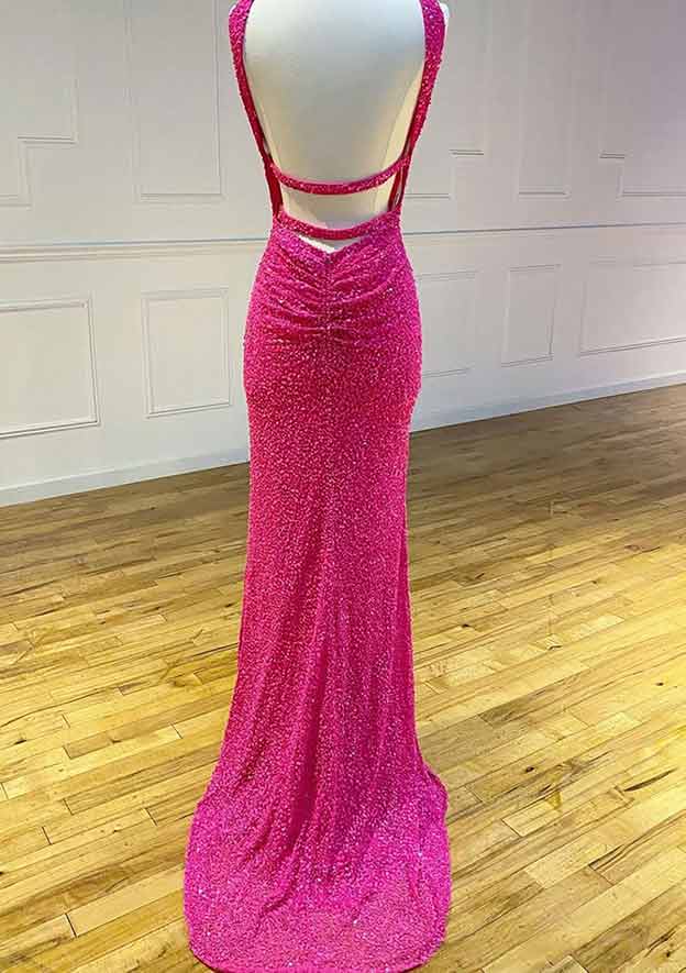 Robe de bal en velours à paillettes, sans manches, dos nu et traîne, avec fente